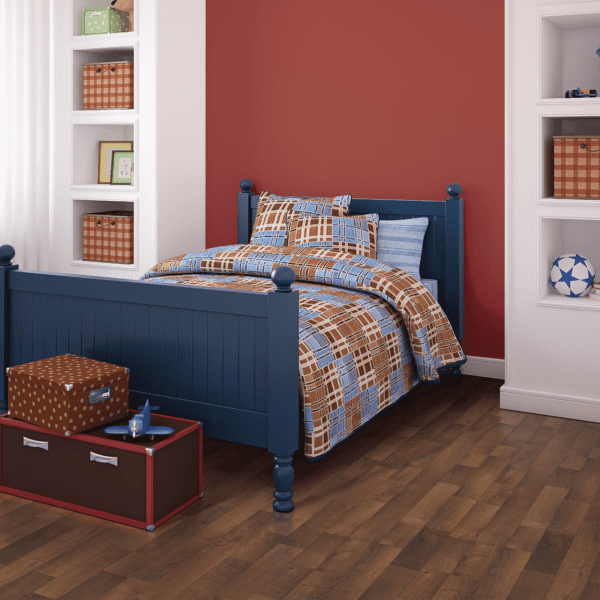 A bedroom with a bed and two shelves.