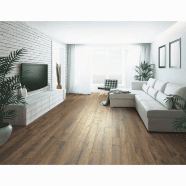 A living room with white walls and wooden floors.