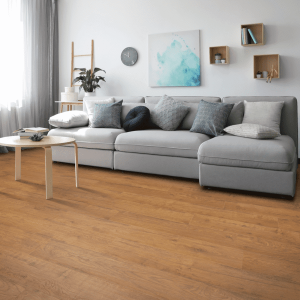 A living room with a couch and table