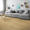 A living room with a couch and table