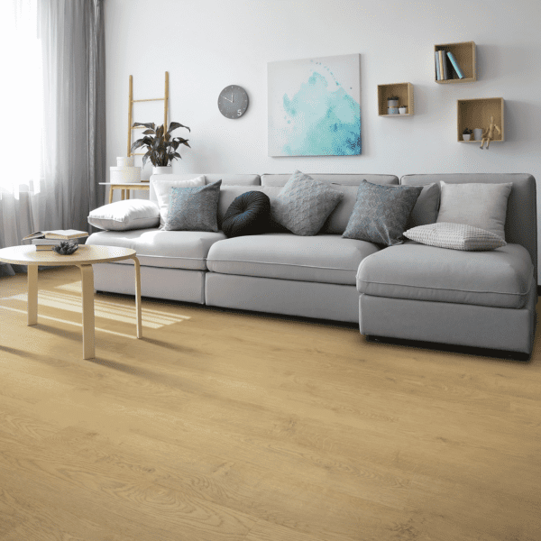 A living room with a couch and table