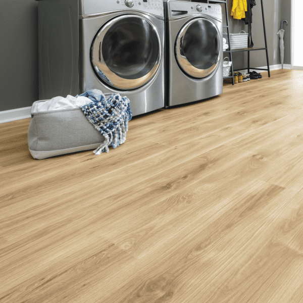 A laundry room with two machines and a bag.