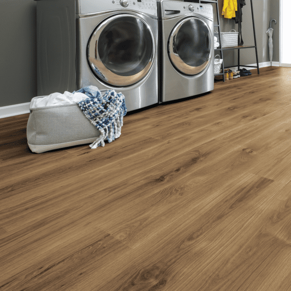 A laundry room with two machines and a bag.