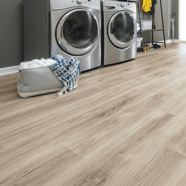 A laundry room with two machines and a bag.