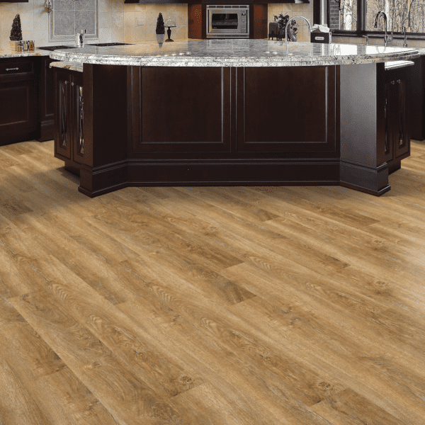 A kitchen with wood floors and black cabinets.