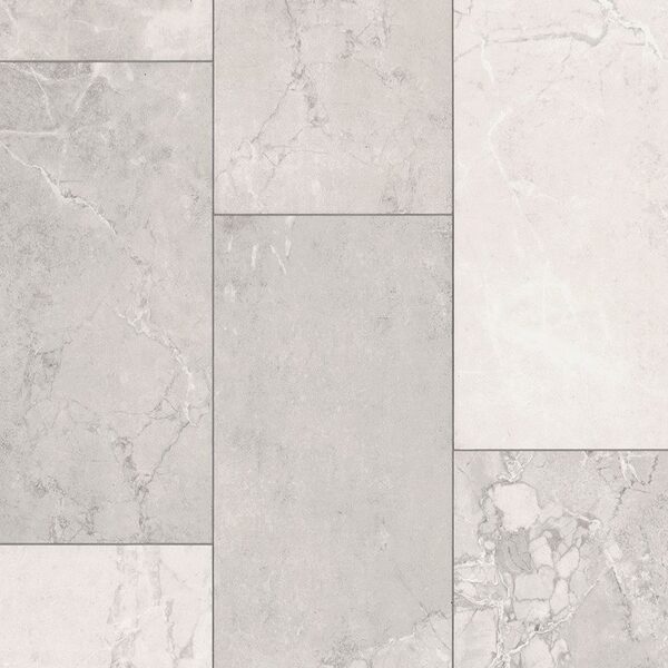 A white tile floor with different shades of grey.
