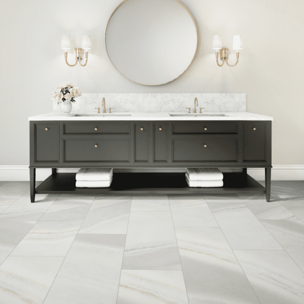 A bathroom with two sinks and a mirror.