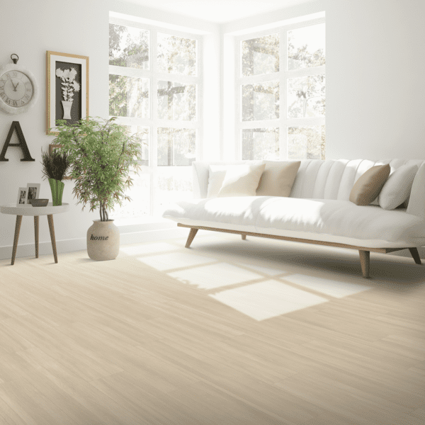 A living room with white furniture and wood floors.