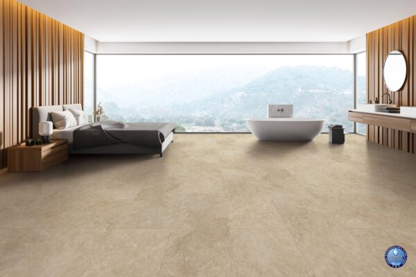 A large room with a view of the mountains.