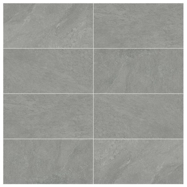 A gray tile floor with no grout.