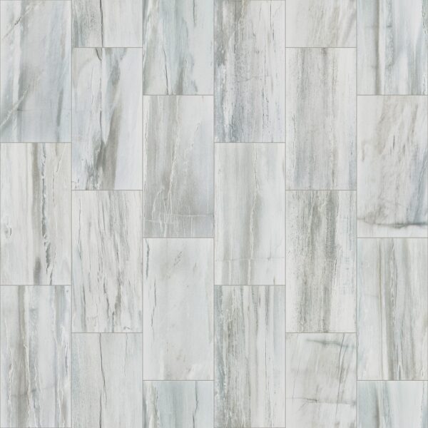 A white tile floor with some gray and black lines