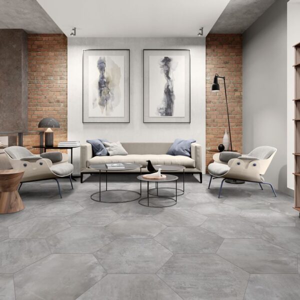 A living room with two chairs and tables