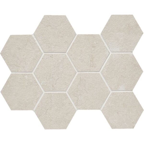 A white hexagonal tile floor with no grout.