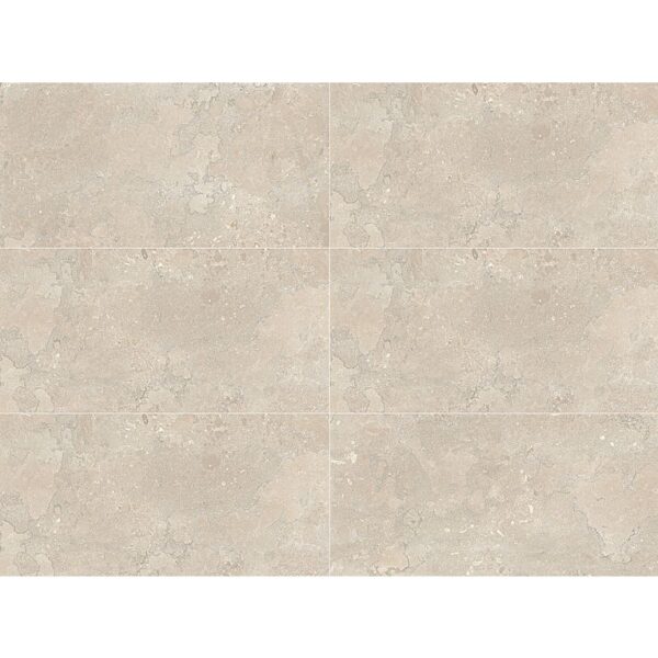 A white tile floor with some brown lines