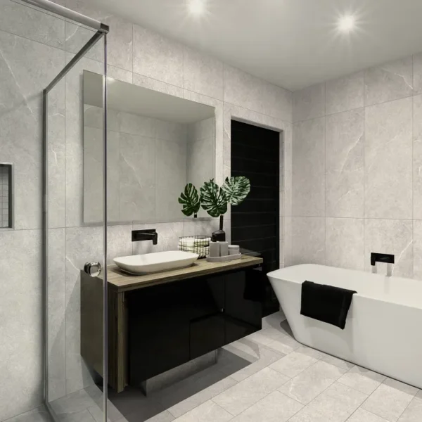 A bathroom with a sink, bathtub and mirror.