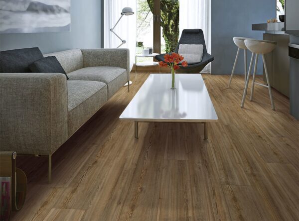 A living room with wood floors and furniture.