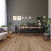 A living room with wooden floors and walls
