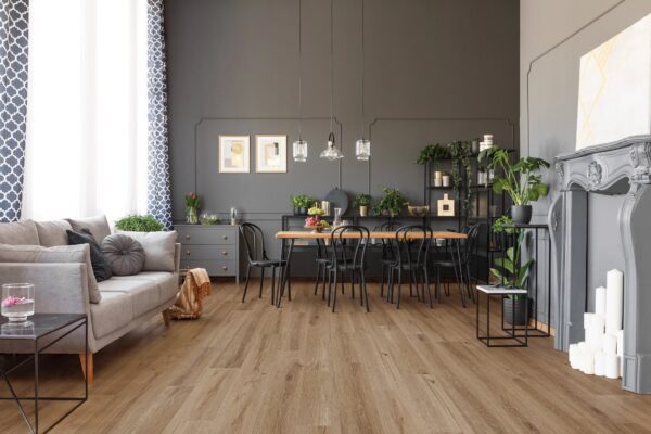 A living room with wooden floors and walls