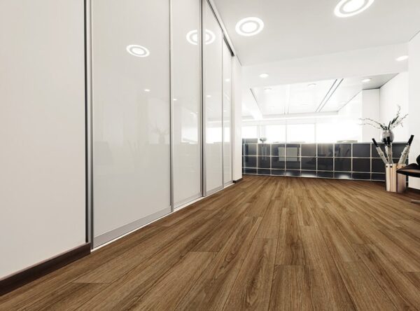 A room with a lot of glass doors and wooden floors